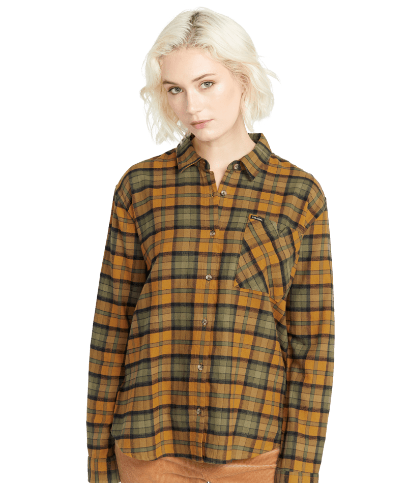 Volcom Women's PLAID TO MEET U LONG SLEEVE SHIRT - BRONZE