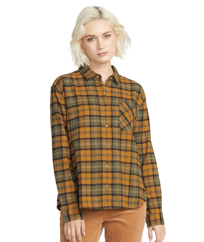 Volcom Women's PLAID TO MEET U LONG SLEEVE SHIRT - BRONZE